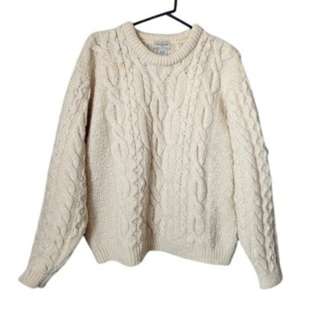 L.L. BEAN 90s Irish Wool Fisherman Sweater Cream Cable Knit Crewneck VTG M Reg